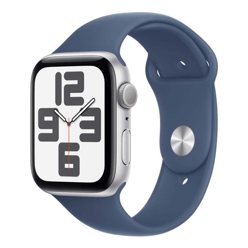 Купить apple watch se (2024), 44 мм корпус из алюминия цвета «silver», ремешок sport band размера s/m цвета «denim» с доставкой