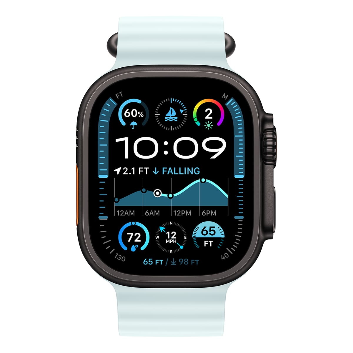 Купить apple watch ultra 2 (2024), 49 мм корпус из титана цвета «black», ремешок ocean band цвета «ice blue» с доставкой